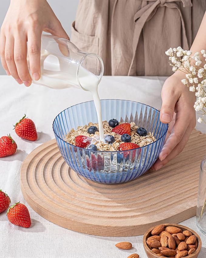 bUCLA 12 PCS Plastic Cereal Bowls Set - 28 Oz Clear Blue Disposable Vertical Stripes Serving Bowls for Snack, Salad, Dessert & Fruit