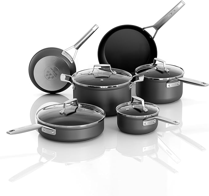 MsMk 10-Piece Nonstick Pots and Pans Set, Induction Cookware Sets | Non Toxic, Even Heating, Easy Clean, Dishwasher & Oven Safe, suitable for gas & electric & induction stoves, Stainless Steel