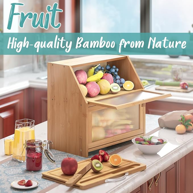 Extra Large Bread Box with Cutting Board Bamboo Wood Bread Box for Kitchen Counter, Double Layer Large Capacity Bread Storage Bin with Acrylic Wavy Door Panel (Natural)