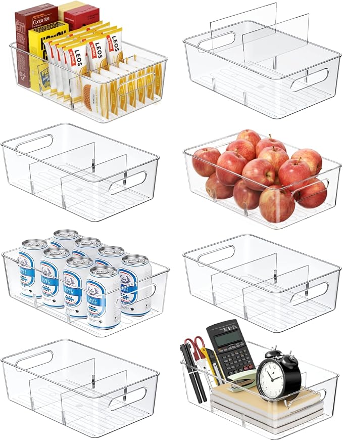 Mpotmiy 8-Pack Pantry Organizers and Storage, Clear Fridge Organizer Bins | Clear stackable plastic bins with removable dividers for packets, snacks, pouches and spices in pantry, fridge or freezer.