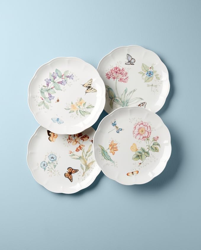 Lenox Butterfly Meadow Porcelain Dinner Plate Set for 4 | scalloped rim, microwave safe, dishwasher safe | 11 inch diameter, floral design, gift for women, decor
