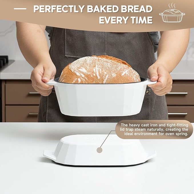 Enameled Cast Iron Sourdough Bread Oven – Dutch Oven for Sourdough, Oval Cast Iron Bread Pan with Lid，Loaf Cast Iron Dutch Oven for Baking (3.3QT-White）
