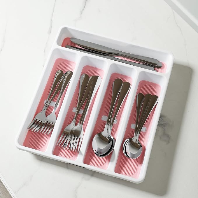 5-Compartment Silverware Organizer Tray with Icons for Kitchen Drawer | Non-slip TPR Linings，5-Compartment，High-quality Plastic，Fits Well In Standard Drawers，With Cutlery Icons