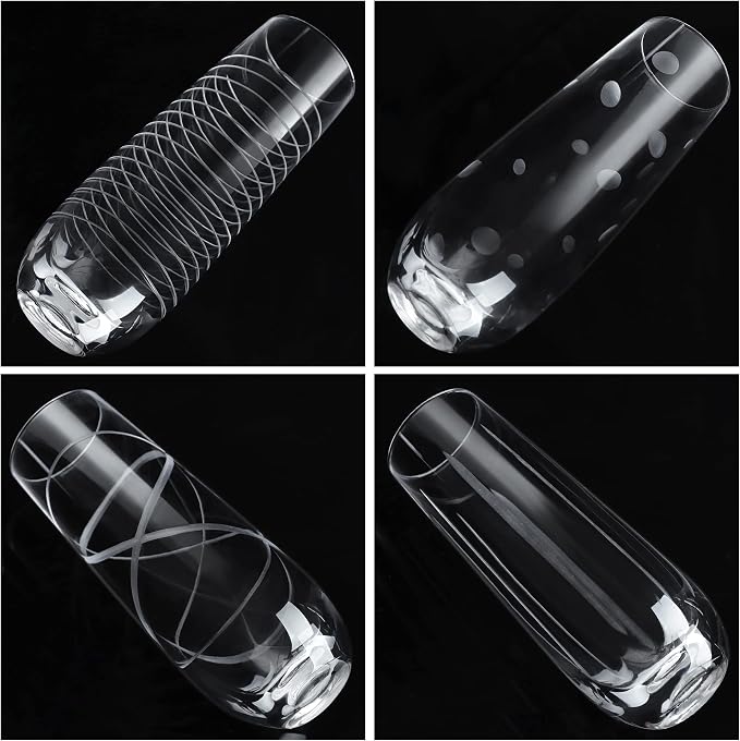 Joeyan Etched Champagne Flutes Glasses Cups,Handmade Mouth Blown Aesthetics Glassware Art Decoration,Home Bar Essentials,Gifts for Wedding Anniversary Daily Use,Set of 4,9.8 oz,Dishwasher Safe