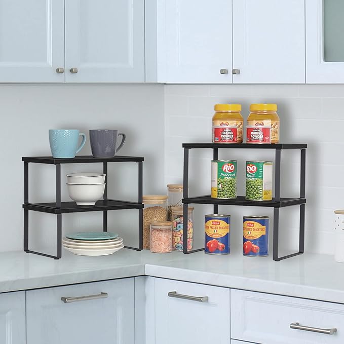 CADUKE Set of 4 Kitchen Counter Shelves, Cabinet Organizer, Black | Wood Countertop Shelves, Stackable Shelf Organizer, Expandable Cabinet Shelf, For Pantry, Industrial