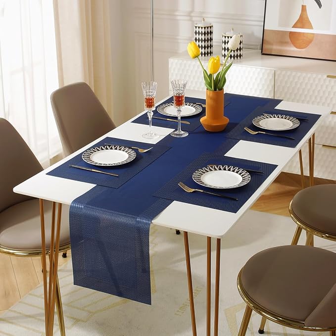Vinyl Placemats Set of 6 Vinyl Heat-Resistant Table Mats with Matching a Same-Style 72 inches Table Runner (7pcs,Blue)