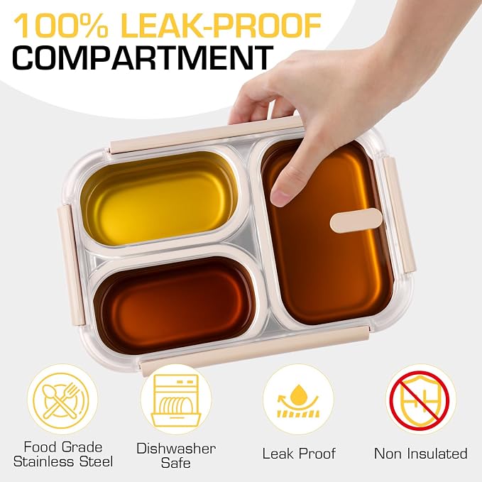 Stainless Steel Lunch Box, 3 Compartments Metal Bento Box for Kids, 25oz Lunch Container with Leakproof Lid, Divided Meal Prep Box for Adults, Kids - Ideal for Office, School, Healthy Eating