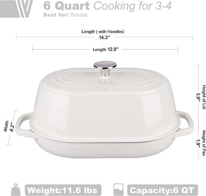 Enameled Cast Iron Dutch Oven Pot with Dome Lid, Oval Bread Oven for Homemade Sourdough Bread Baking, Oven Safe up to 500°F, 6 Quart, White