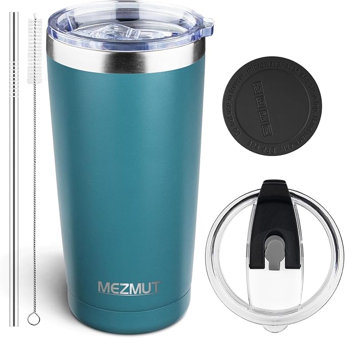 MEZMUT 20oz Insulated Tumbler Travel Coffee Mug with Lid Straw(Maya Blue,1) | 18/8 Stainless Steel Double Wall Vacuum Spill Proof Metal Insulated Tumbler with Daul Lid and Straw, Hot or Iced Coffee Cup