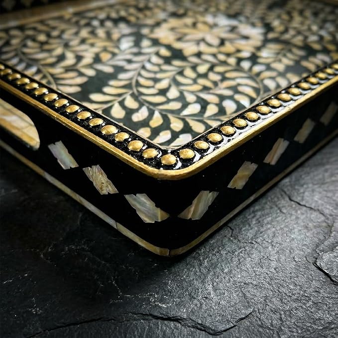 Boho Serving Tray with Handles, 15.7”x11.8” Rectangular Decorative Plastic Tray (Vintage Black & Gold) for Coffee Table, Ottoman, Living Room – Multipurpose Deco