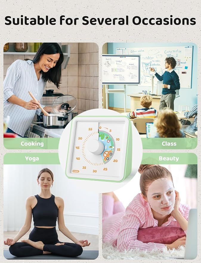 LIORQUE Visual Timer for Kids, 60 Minute Countdown Timer, Light Green | Non-Ticking, 3 Volume Levels with Mute Function, Timer for Kitchen Cooking Classroom ADHD, 2 AAA Batteries Included