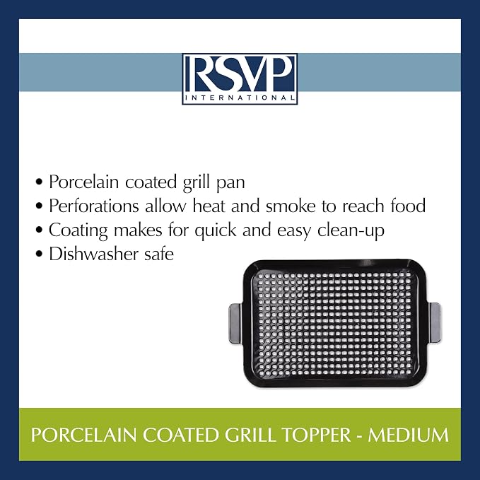 RSVP International Porcelain Coated Steel BBQ Grill Tray/Pan, Outdoor Barbeque Grilling Accessories for Cooking Fish & Vegetables, Dishwasher Safe, Medium, 16.75x10"