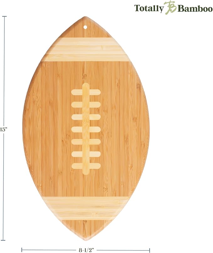 Totally Bamboo Football Shaped Cutting Board and Charcuterie Board | Football serving board for game day watch parties and tailgating. Smooth reverse side for prep. Hangs as decor between uses.