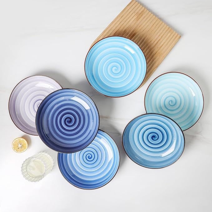 KitchenTour Large Pasta Bowls, 34 Ounce Ceramic Salad Bowl Plates, Set of 6 | Dinner Plate Bowl Set, 8.6 Inch, Wide and Shallow for Soup, Dishwasher and Microwave Safe, Ocean Swirl