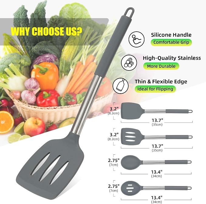 4 Pack Silicone Utensils Set，Non Stick Solid Spatulas, Slotted Spoons with Stainless Steel Handle，Spatulas for Cooking，Frying, Mixing, Serving -Grey