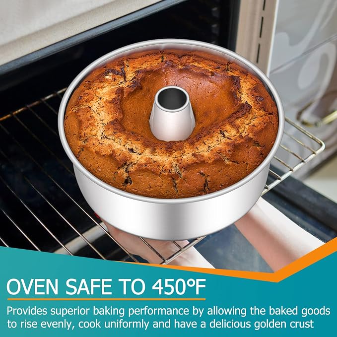 E-far 10-Inch Angel Food Cake Pan, Stainless Steel Tube Pan for Baking | Ideal for Pound Chiffon Cake, One-piece Design & Non-toxic, Dishwasher Safe