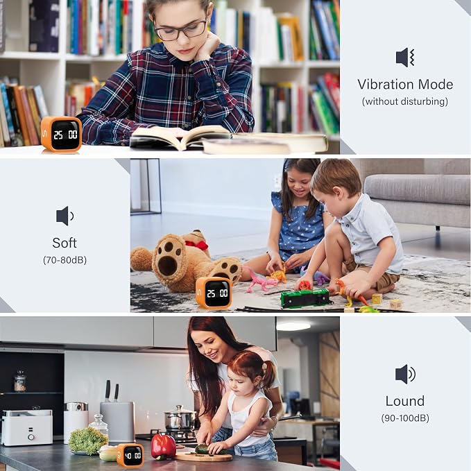 Rotating Pomodoro Timer 5/25/10/50, Desk Productivity Timer for ADHD,Orange | Countdown/Stopwatch Cube Timer, Vibration/High/Low Volume/Custom Modes, for Work Study, Back to School, Kitchen