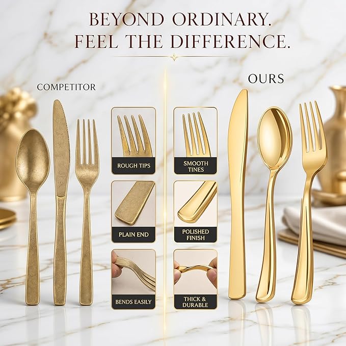 180 Count Gold Plastic Silverware Set - Heavy Duty Disposable Cutlery (60 Forks, 60 Knives, 60 Spoons) - BPA-Free Gold Flatware for Wedding, Party, Baby Shower, Thanksgiving