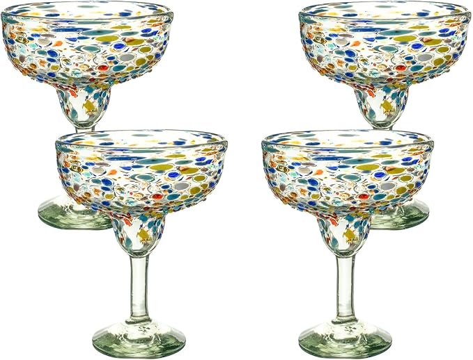 Confetti Dots Hand Blown Margarita Glasses Set of 4 – Colorful Mexican Glassware – 14 oz Recycled Glass Margarita Glass – Hand blown Mexican Drinking Glasses for Cocktails & Tequila