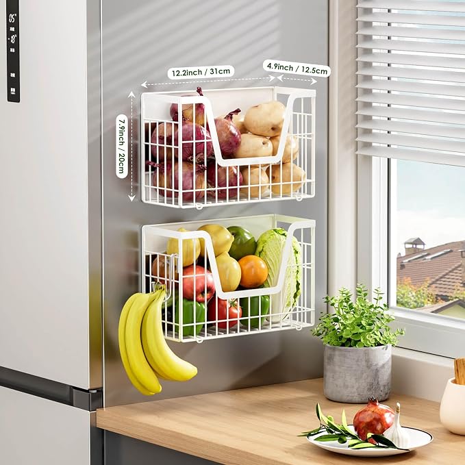 2 Set Magnetic Fridge Shelf, White Magnetic Fruit Basket for Fridge | Potato and Onion Storage Bins, Wire Baskets Magnet Shelves Spice Rack for Refrigerator Laundry Kitchen Organizer and Storage
