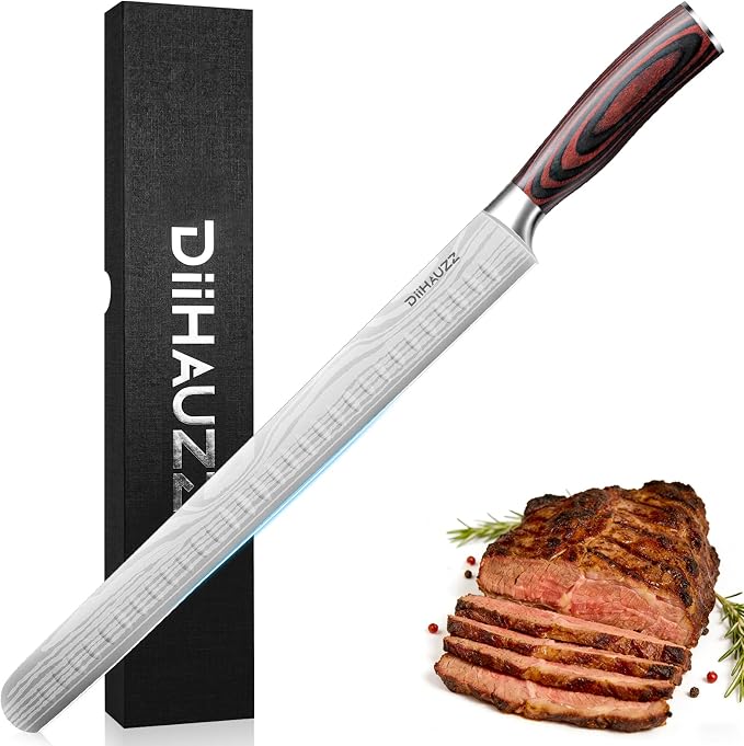 DiiHAUZZ Brisket Slicing Knife, 12 Inch Carving Knife for Meat Cutting | High Carbon Stainless Steel, Non-Stick Granton Edge, Ergonomic Pakkawood Handle, Razor Sharp for Turkey, Roasts and BBQ