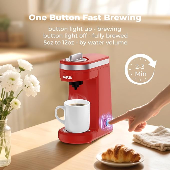 CHULUX Mini Single Cup Coffee Maker for K Pod, Perfect for Small Space, Red | Fast-Heating Boiler System, Single Cup Brewing, Portable Compact Design, Four-Hole Multi-Stream Needle, Adjustable Drip Tray