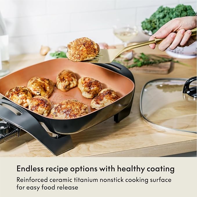 bella 12x12 Electric Skillet & Frying Pan with Glass Lid, Nontoxic, Coppper