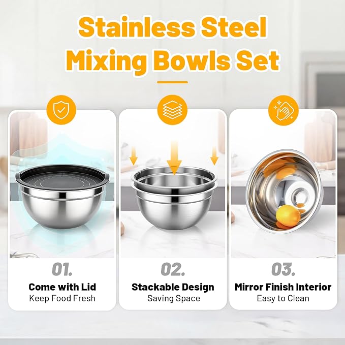 Beasea Mixing Bowls with Lids Set, 2 Pack 2 QT Stackable Stainless Steel Mixing Bowls with Lids, Kitchen Nesting Metal Bowl for Baking, Meal Prep, Salad, Food Storage