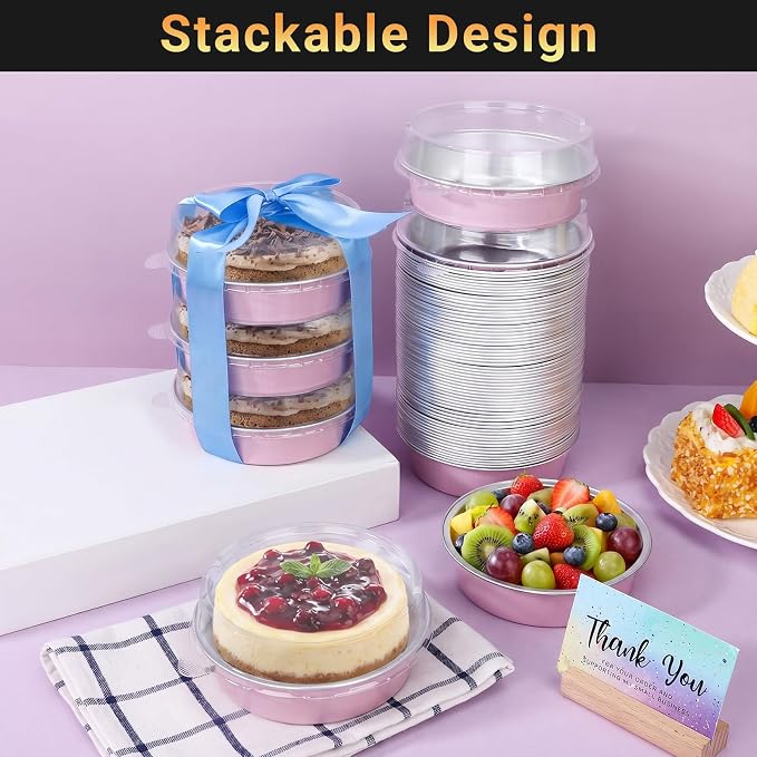 Beasea Mini Pie Pans with Lids, 50 Pack 7.3oz Disposable Aluminum Foil Tart Pans, 4 Inch Round Oven Baking Mini Cake Cups Tin for Cheesecake Pie Tart Quiche - Pastel Pink
