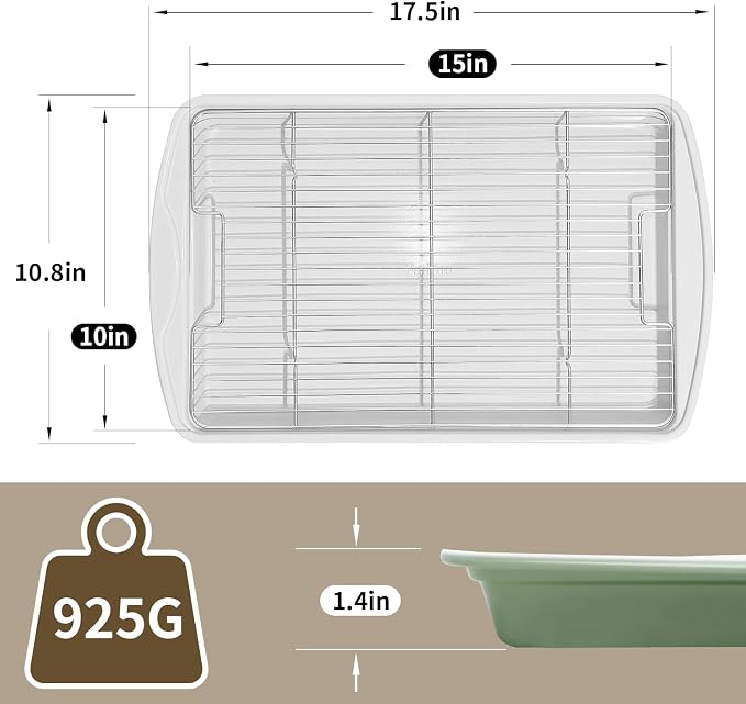 Nonstick Crisp Baking Tray With Wire Rack, Ceramic Coating Jelly Roll 15x10 Cookie Sheet Pan, Non-Toxic, PTFE & PFOA Free, Oven Safe 550°F, Dishwasher Safe, Aluminized Steel, Pistachio Green
