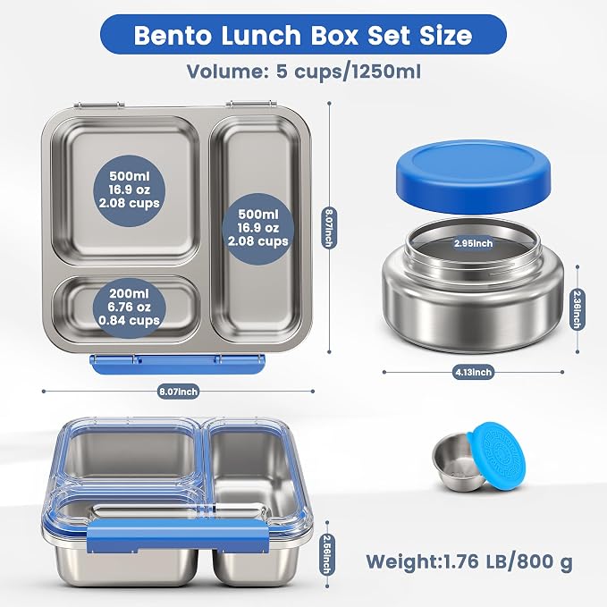 Stainless Steel Bento Box Kids Adult with 7oz Soup Thermo, Transparent Lid 3 Compartments Metal Bento Lunch Box with Insulated Food Jar,Lunch Box Container Sauce Cup for School,BPA-Free (Blue)