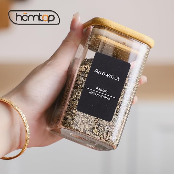 12Pcs 9oz Spice Jars Glass Container with 275 Labels, Airtight Seasoning Empty Organizer with Bamboo Lid Set for Food Storage, Salt, Sugar | Airtight Seasoning Empty Containers with Bamboo Lid Set for Pepper, Salt