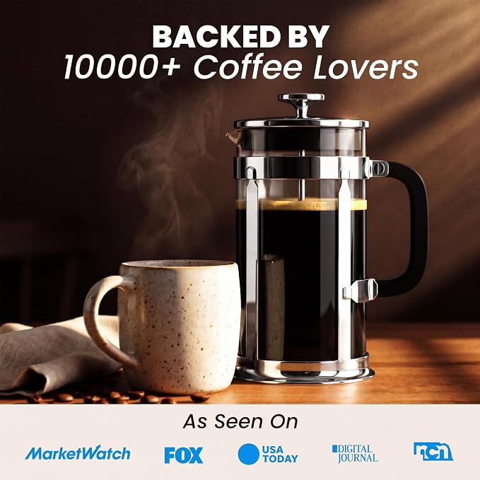 EzDtach French Press Coffee Maker 34oz Chrome – Borosilicate Glass Pot | 304 Grade Stainless Steel French Press, Double Filter and 2 Extra Screens for Rich, Full-Bodied Flavor at Home or Office