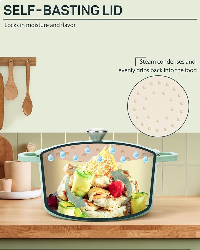 6 QT Dutch Oven Pot with Lid, Enameled Cast Iron Dutch Oven for Bread Making, Braiser, Cooking, Dual Handles, Oven Safe up to 500° F or on Stovetop, Gifts for Family - Mint Green