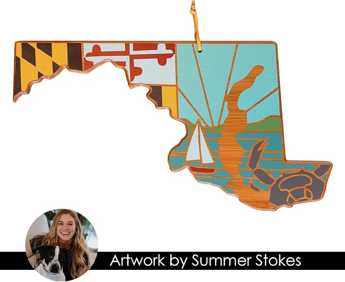 Totally Bamboo Maryland State Shaped Cutting Board, Summer Stokes Art | State charcuterie board with colorful hand-drawn landscape art. Smooth reverse side for food prep. Hang tie for wall display.