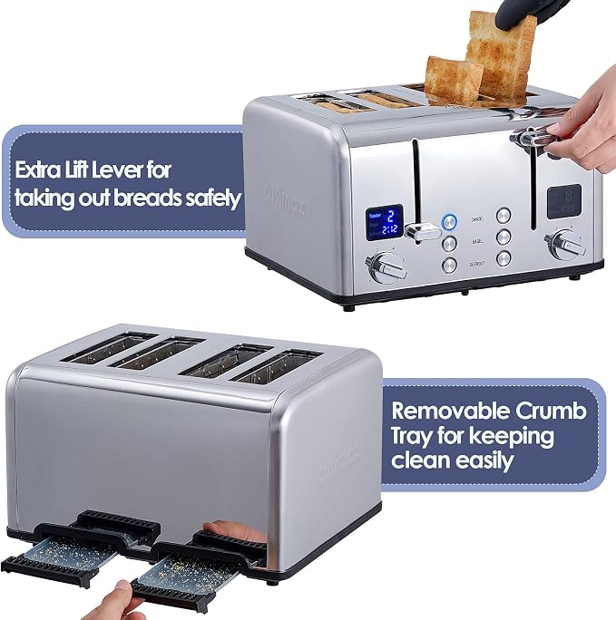 CUSIMAX 4 Slice Stainless Steel Toaster with Digital Display, Silver | LED Display with Countdown Timer, 6 Browning Levels, Bagel/Defrost/Cancel, Dual Independent Controls, 1.5" Extra Wide Slots
