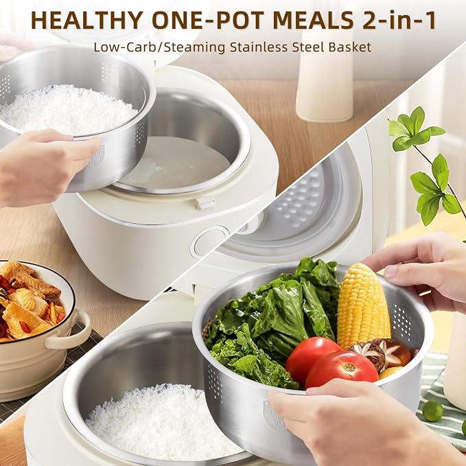 Rice Cooker 4L Low Carb with Nonstick Stainless Steel Inner Pot, 8-Cup LED Display Rice Maker, 24-Hr Delay Timer & 8-Hr Keep for White Rice/Porridge