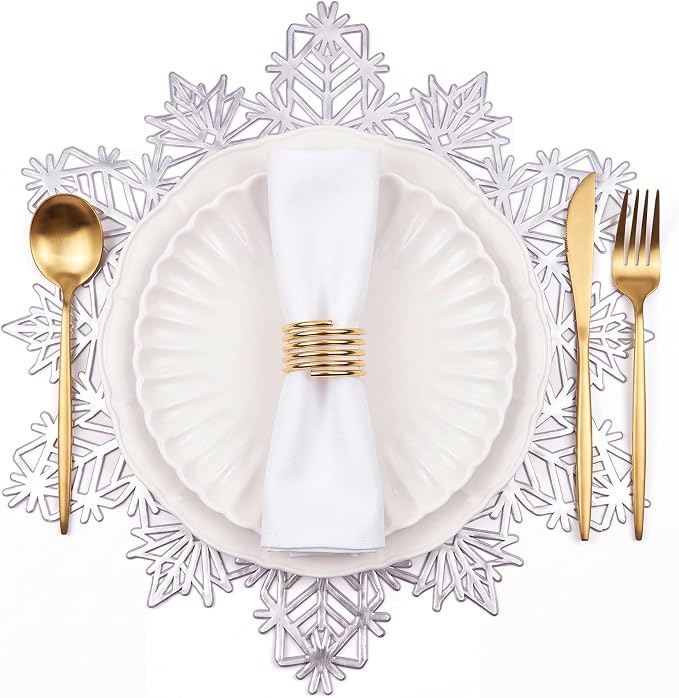 ADRIMER Snowflake Placemats Set of 8, Silver Vinyl Table Mats 15 Inch | Easy to Clean Placemat, Heat Resistant Hollow Wipeable Table Placemats for Thanksgiving Christmas Wedding Holiday Decor