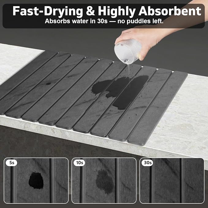 Large Stone Dish Drying Mat for Kitchen Counter, Quick Dry Dish Drying Mats, Foldable Absorbent Diatomaceous Earth Mats for Plate Rack Bottles Cups, Match Any Countertop (Gray Marble 24"×16" & 8"x4")