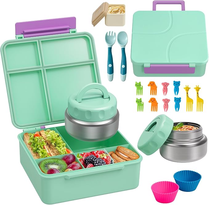 Bento Lunch Box with 9.5 oz Soup Thermo, Kids Leakproof 4 Compartments Bento Box with Silicone Cupcake,Fruit Fork,Spoon and Sauce Cup,Insulated Food Jar for School Travel-Green