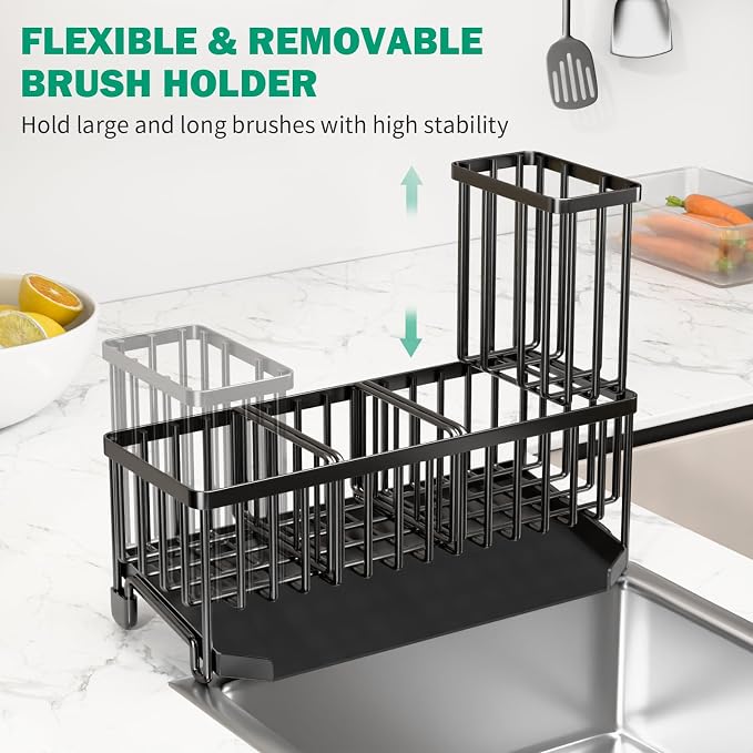 TomCare Kitchen Sink Caddy, 11-Inch Sponge Holder with Drain Tray | 2 Adjustable Dividers and Tall Brush Holder Create Flexible Storage for Sponges and Kitchen Counter Accessories