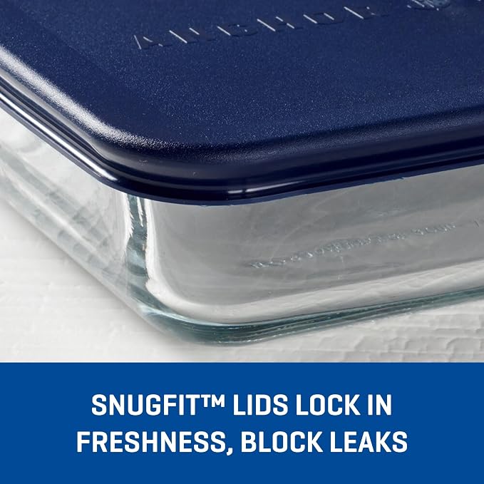 Anchor Hocking 11-Cup Glass Storage Containers with Lids, Set of 2 Glass Food Storage Containers with Navy SnugFit Lids