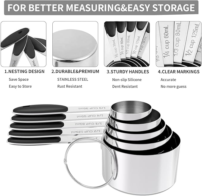 Stainless Steel Measuring Cups and Spoons Set with Silicone Handle – Nesting Design for Space-Saving, Heavy Duty & Dishwasher Safe for Dry/Liquid Ingredients, Cooking & Baking (10)