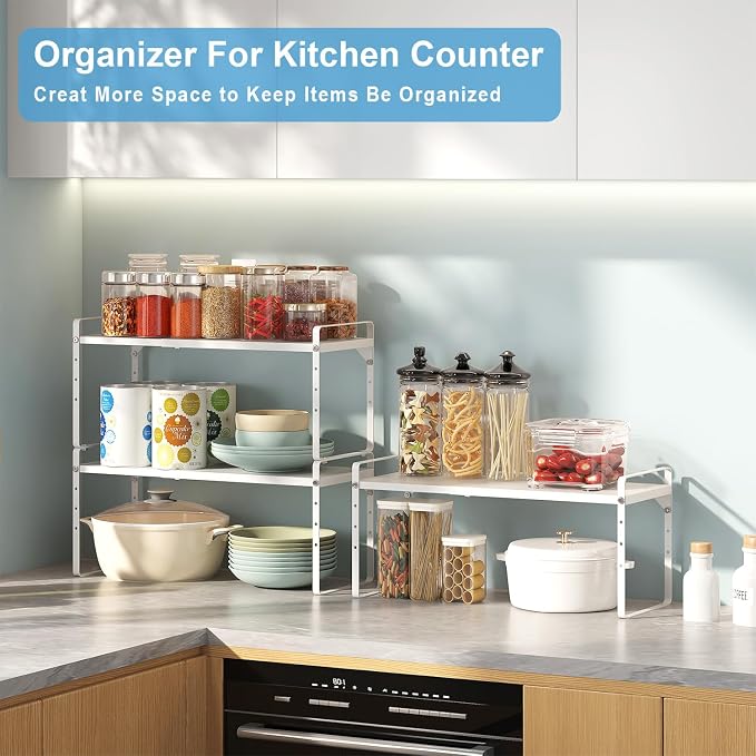 15.5 to 25.5 Inch Kitchen Cabinet Shelf Organizers, Adjustable Kitchen Counter Shelf Organizer, Set of 4 Expandable Countertop Storage Shelves, Stackable Design, 30LBS Heavy Duty, Space Saver