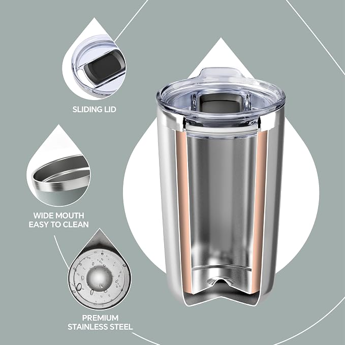 Ideus 20 oz Tumbler, Travel Coffee Mug with Splash Proof Sliding Lid, Double Wall Stainless Steel Vacuum Insulated Coffee Mug for Home and Office, Keep Beverages Hot or Cold, Gray