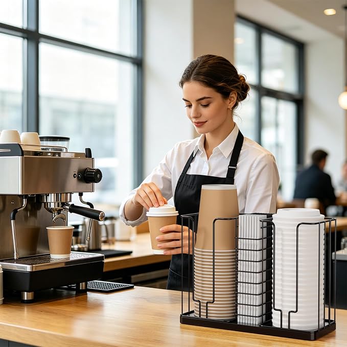 Coffee Cup and Lid Holder, All-Metal 3-Compartment Organizer Rack | 18oz Disposable Cup, Cup Lid and Straw Storage for Countertop, , Kitchen, Office Breakroom, Coffee Bar Accessories, Black
