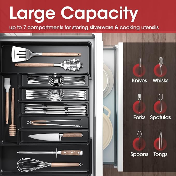 Aujen Silverware Drawer Organizer, Adjustable Utensil Cutlery Tray | Expandable Kitchen Organizer for Forks, Knives, Multipurpose Kitchen Storage , Apartment Essentials, Black, Large