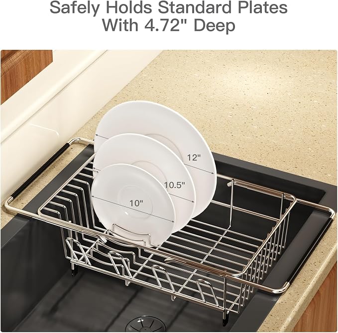 Dish Drying Rack Over The Sink with Utensil Holder, Drainboard | Expandable Stainless Steel Dish Drainer for Small Kitchen, Apartment, RV, Counter Space Saving, Perfect Fit, Rustproof