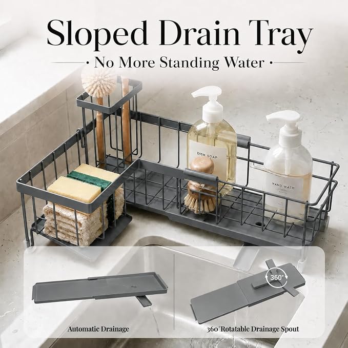 Extendable Corner Sink Sponge Holder, Quick-Drain Caddy for Kitchen Sink, Grey