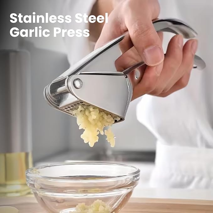 KUYRA Garlic Press Stainless Steel – Heavy Duty No-Peel Garlic Crusher & Mincer, High Capacity Chamber, Rust-Free 304 Steel, Easy Clean & Dishwasher Safe Clove Crusher & Hand Mincer